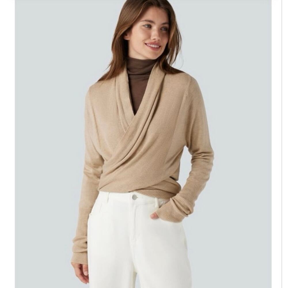 Halara Size S Long Sleeved Wrap Casual Cardigan Sweater Warm Sand Tan